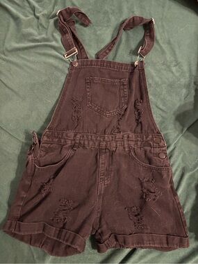 SHEIN Black Distressed Denim Short Overalls